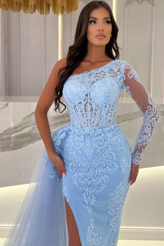Dbrbridal Column Long Slit Front Sky Blue Tulle One Shoulder Long Sleeve Prom Gown with Lace