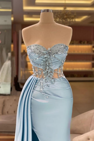 Dbrbridal Column Slit Front Long Sweetheart Strapless Sleeveless Sky Blue Ruffle Stain Prom Gown with Beadings