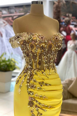 Dbrbridal Column Yellow Sleeveless Off-The-Shoulder Stain Long Sweetheart Prom Gown with Beadings