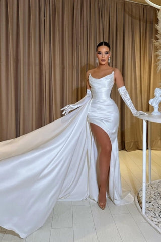 Dbrbridal Long Sleeveless Strapless Charmeuse Slit Front Stain Prom Gown with Ruffles
