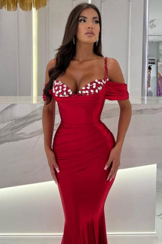 Dbrbridal Mermaid Red Spaghetti Straps Sweetheart Off-The-Shoulder Long Stain Prom Gown with Ruffles