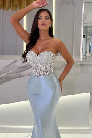 Dbrbridal Mermaid Sky Blue Stain Sleeveless Sweetheart Long Prom Dress with Beadings