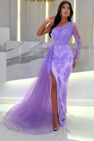 Dbrbridal One Shoulder Column Long Sleeve Slit Front Tulle Long Prom Gown with Lace