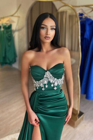 Dbrbridal Slit Front Dark Green Stain Sweetheart Sleeveless Prom Gown with Beadings