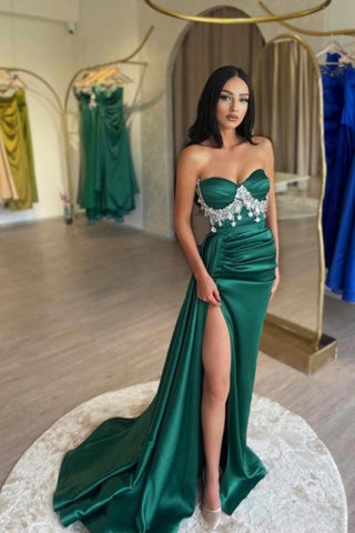 Dbrbridal Slit Front Dark Green Stain Sweetheart Sleeveless Prom Gown with Beadings