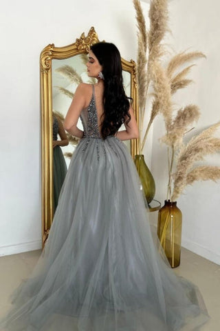 Dbrbridal Slit Front V-Neck Spaghetti Straps Long Tulle Sleeveless Prom Dress with Beadings