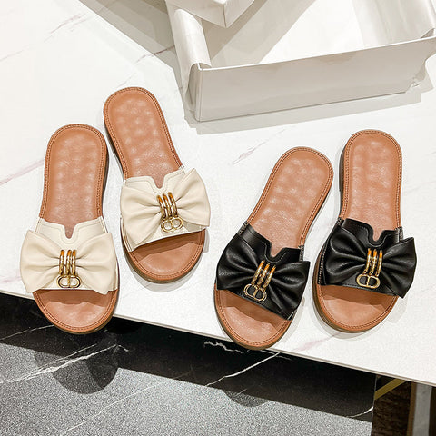 Women 2022 Retro Fashion Leather Bowknot Slippers
