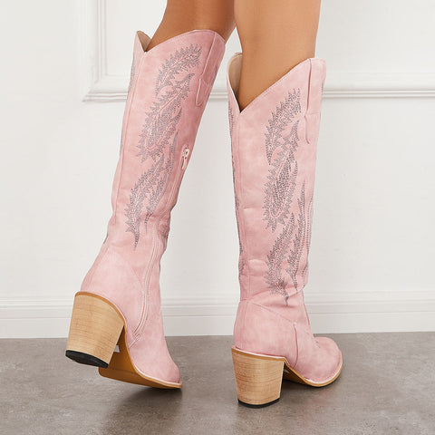 Embroidered Western Cowboy Boots Chunky Heel Knee High Riding Boots