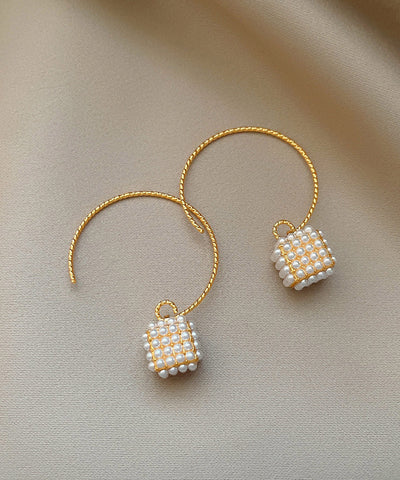 Oversize Gold Copper Overgild Lantern Pearl Hoop Earrings