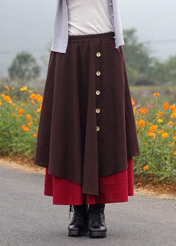 Art Wine Red Wrinkled Asymmetrical Pockets Patchwork Cotton Skirts Fall