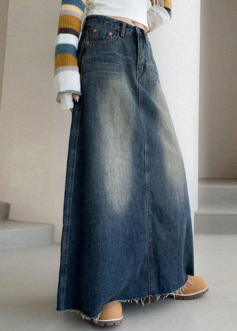 Boutique Blue Pockets Patchwork Denim Maxi Skirts Fall