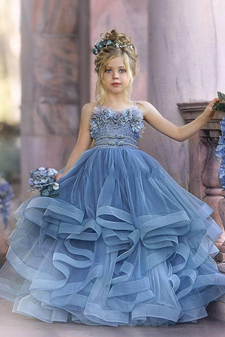 BMbridal Blue Spaghetti-Straps Tulle Flower Girl Dress Layered With Appliques