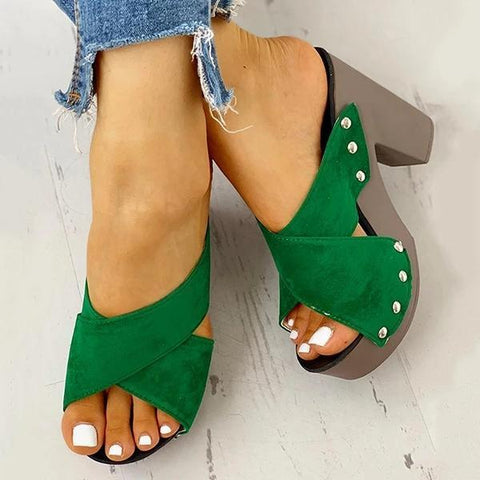 Rivet Criss Cross Chunky Block Heels Platform Slip-on Sandals
