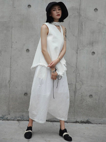 Loose White Linen Split-side Harem Pants