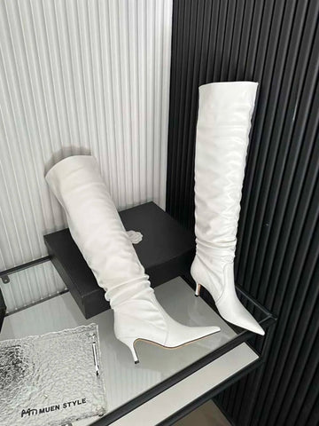Sexy Women Over The Knee Boots Chelsea Booties Pointed Toe Blue Black White Denim Cloth Winter Dress Shoes Slip On Autumn Boots
