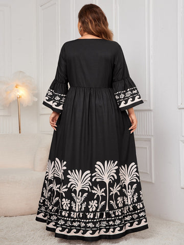 Bedrucktes Maxikleid mit V-Ausschnitt und langen Ärmeln in Übergröße