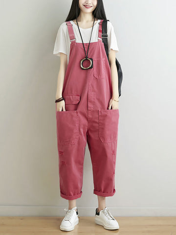Women Summer Casual Solid Pocket Frayed Loose Jumpsuits