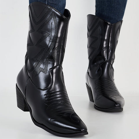 Embroidered Western Cowgirl Booties Pull on Chunky Heel Ankle Boots