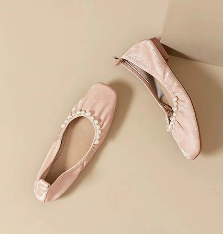 Women Bead Square Toe Flats Shoes Shallow Elegant Ballet Dance Soft Sole Shoes 2024 Autumn Dress Party Shoes Comfort Zapatos