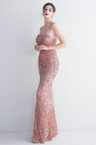 Mermaid Halter Black Sequins Long Prom Dress with Keyhole