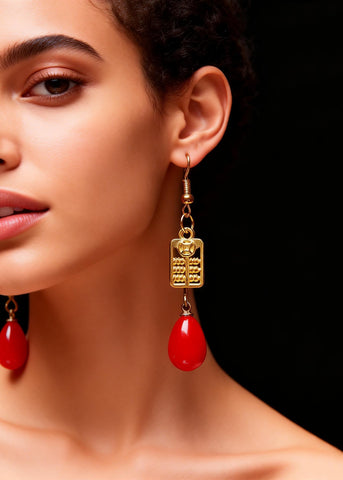 Stylish Red Coral Golden Abacus Drop Earrings