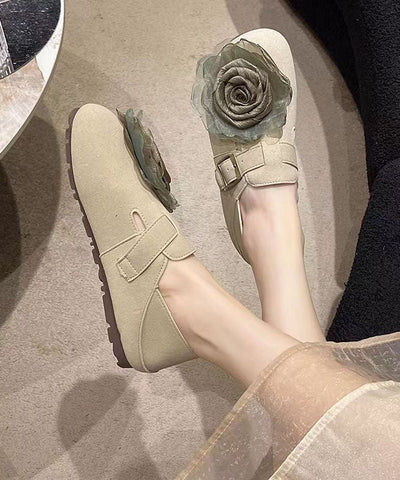 Khakifarbene, weiche flache Schuhe aus Kunstleder mit Blumenmuster für Damen