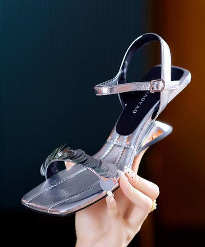 Elegant Silver Wedge Sandals Black Faux Leather Peep Toe