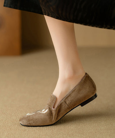 Rosa Stickerei Wildleder Flache Schuhe Für Frauen Retro