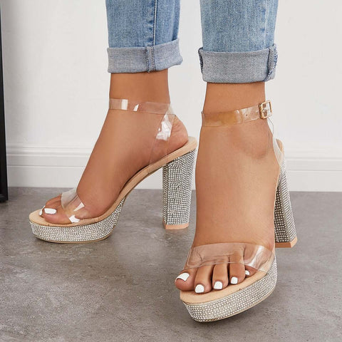 Rhinestone Chunky Block High Heels Ankle Strap Sandals
