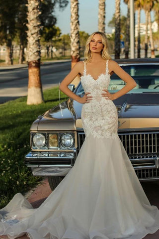 BMbridal Straps Sleeveless Mermaid Wedding Dress Long With Lace Appliques