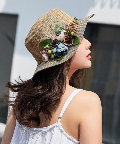 Gewebter Strohhut mit Blumenmuster im japanischen Urlaubsstil