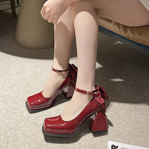 Square Toe Bow Mary Janes Shoes Women High Heels Lolita Shoes New Spring 2024 Pumps Fashion Party Zapatos Elegant Female Chunky