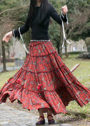Women Red Cinched Print Patchwork Cotton Maxi Skirts Summer