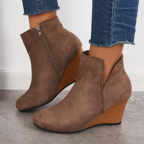 Cutout Ankle Wedge Booties V-cut Stacked Heel Boots