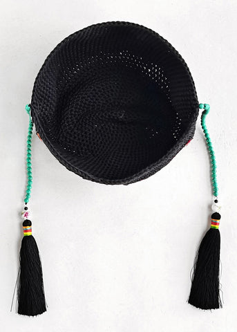 Retro Black Embroidery Floral Beading Tassel Knit Bonnie Hat