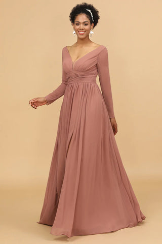 Rosa Brautjungfernkleid mit V-Ausschnitt und langen Ärmeln