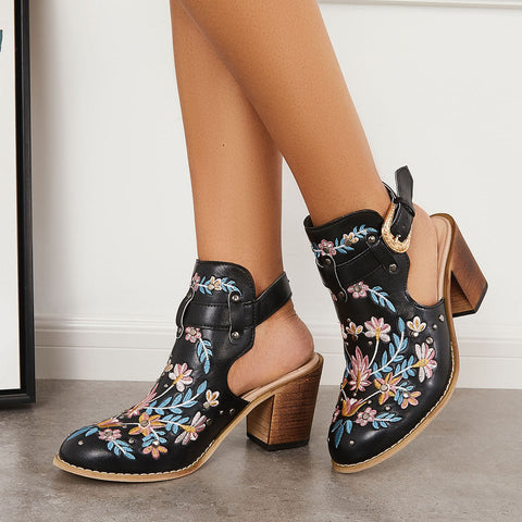 Pink Cutout Embroidered Chunky Heels Ankle Strap Slingback Sandals