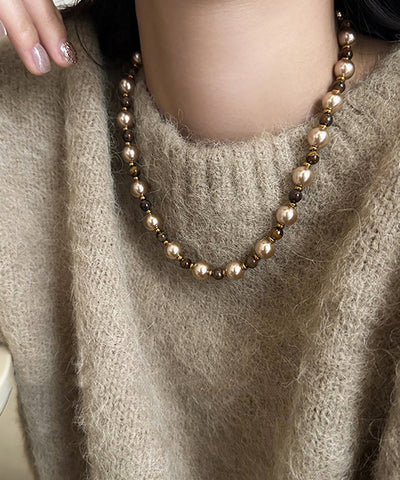 Fine Colorblock Alloy Tiger's Eye Pearl Patchwork Gratuated Bead Necklace