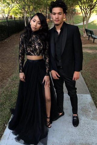 Designer Two Pieces Long Sleevess Evening Gown Black Chic Slit Lace Formal Dresses