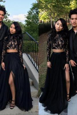 Designer Two Pieces Long Sleevess Evening Gown Black Chic Slit Lace Formal Dresses