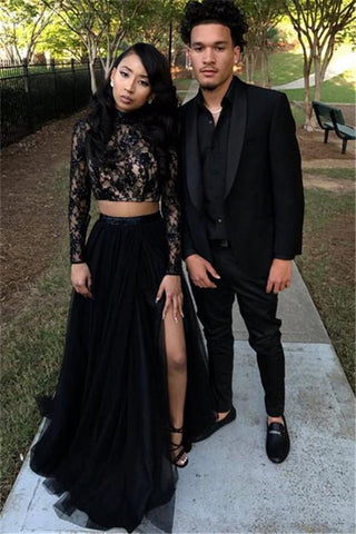 Designer Two Pieces Long Sleevess Evening Gown Black Chic Slit Lace Formal Dresses
