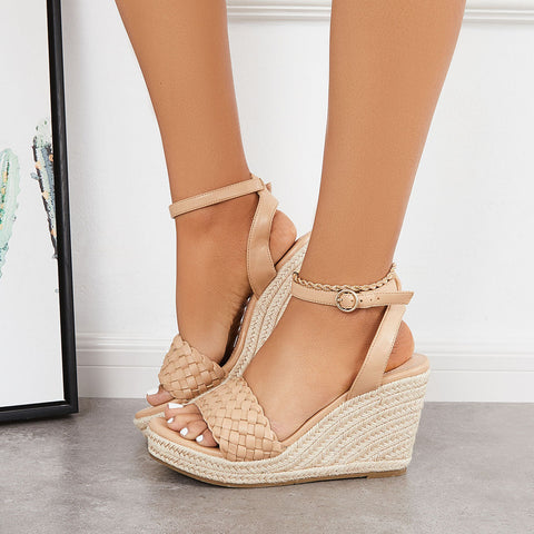 Open Toe Espadrille Wedges Braided Vamp Ankle Strap Sandals