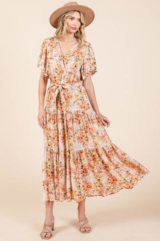 Floral Tie Waist Flutter Sleeve Tiered Summer Dress