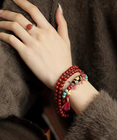 Handmade Red 925 Silver Agate Turquoise Calabash Buddha Statue Charm Bracelet
