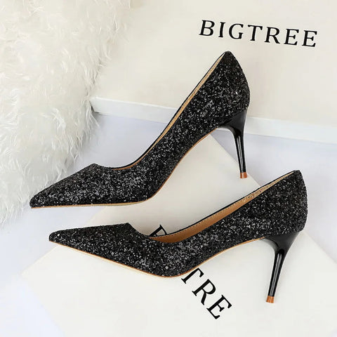 2024 summer new  style sexy nightclub slim heels for women's skinny heels fashion glitter single shoes