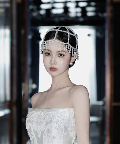 Classy White Hollow Out Pearl Tassel HairPiece And Stud Earrings Two-Piece Set