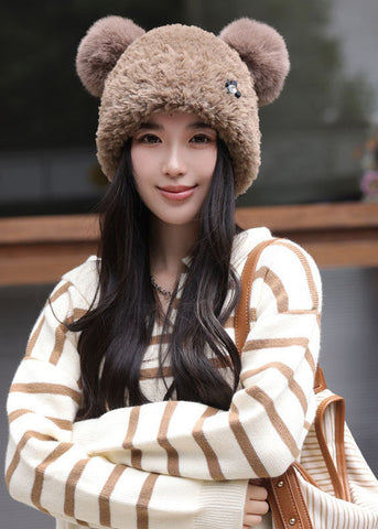 Boutique Khaki Bonnet-Mütze aus warmem Fleece und gestrickter Baumwolle mit Ohrenschutz