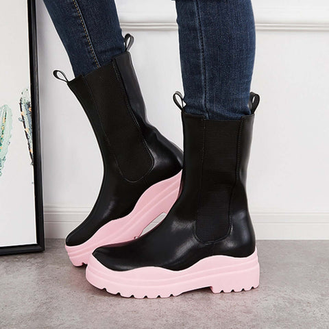 Platform Lug Sole Mid Calf Chelsea Boots Chunky Block Heel Booties