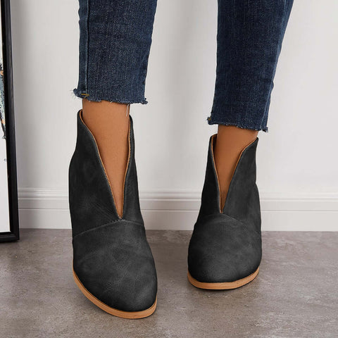 Retro Western V Cut Ankle Boots Slip On Chunky Stacked Heel Booties