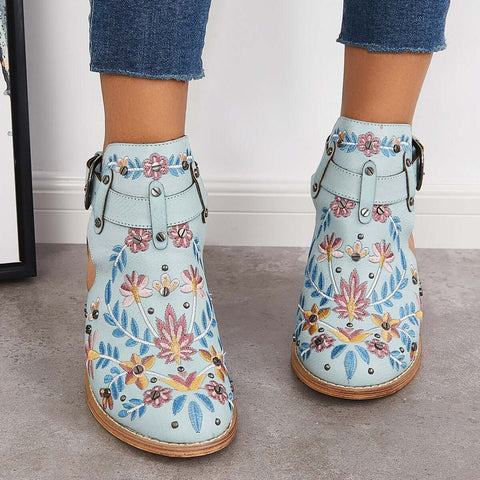 Pink Cutout Embroidered Chunky Heels Ankle Strap Slingback Sandals